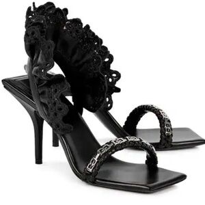 Givenchy 90 Black Scalloped Leather Lace Slingback Heels